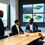 A diverse group of professional urban planners, community leaders, and tech experts, men and women of various ethnicities, engaged in a collaborative discussion. Each individual is wearing professional business attire, including suits, blouses, and trousers/skirts. All clothing is modest and appropriate. They are gathered around a large table in a bright, modern smart city planning center. Large digital screens in the background display interactive 3D urban models, data visualizations of green infrastructure, renewable energy systems, and community engagement metrics. Sunlight streams through a large window overlooking a cityscape with visible parks and bike lanes. perfect anatomy, correct proportions, natural pose, well-formed hands, proper finger count, natural body proportions, high-quality, professional photography, realistic, safe for work, appropriate content, fully clothed, professional dress.