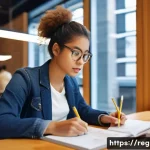 지역개발 주요 시험 기출문제 분석 - A focused female student, wearing casual yet smart attire, intensely studying at a modern desk in a ...