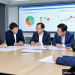 Home 18 지역개발 프로젝트 협상 전략 - A diverse group of stakeholders gathered around a large conference table in a modern office setting,...