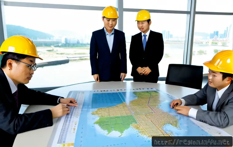 Home 17 지역개발 프로젝트 비용 관리 - Photorealistic regional development project cost management meeting, diverse team of urban planners,...